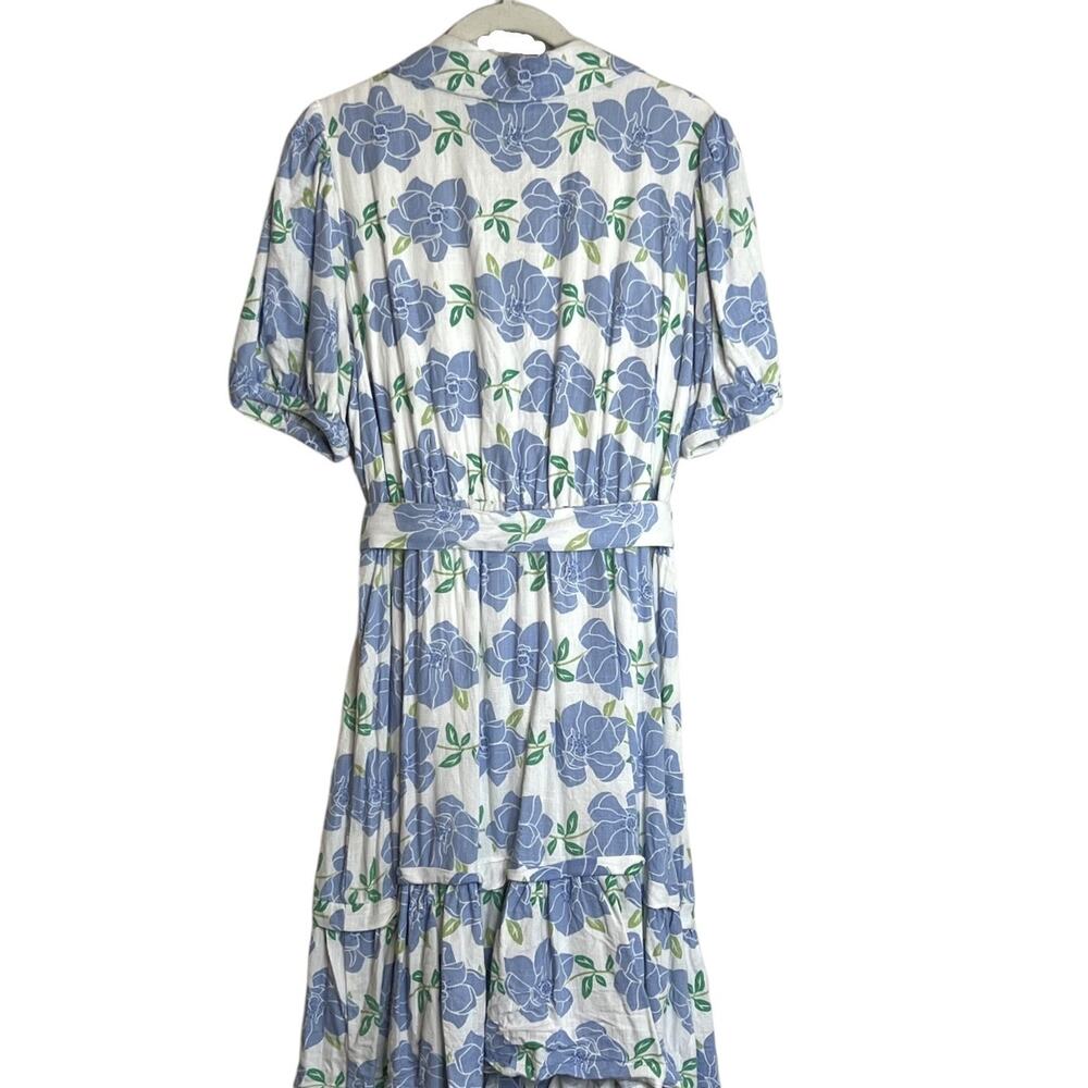 Draper James RSVP Womens Puff Sleeve Shirt Dress M Sky Floral Linen Blend Belted - Picture 3 of 7